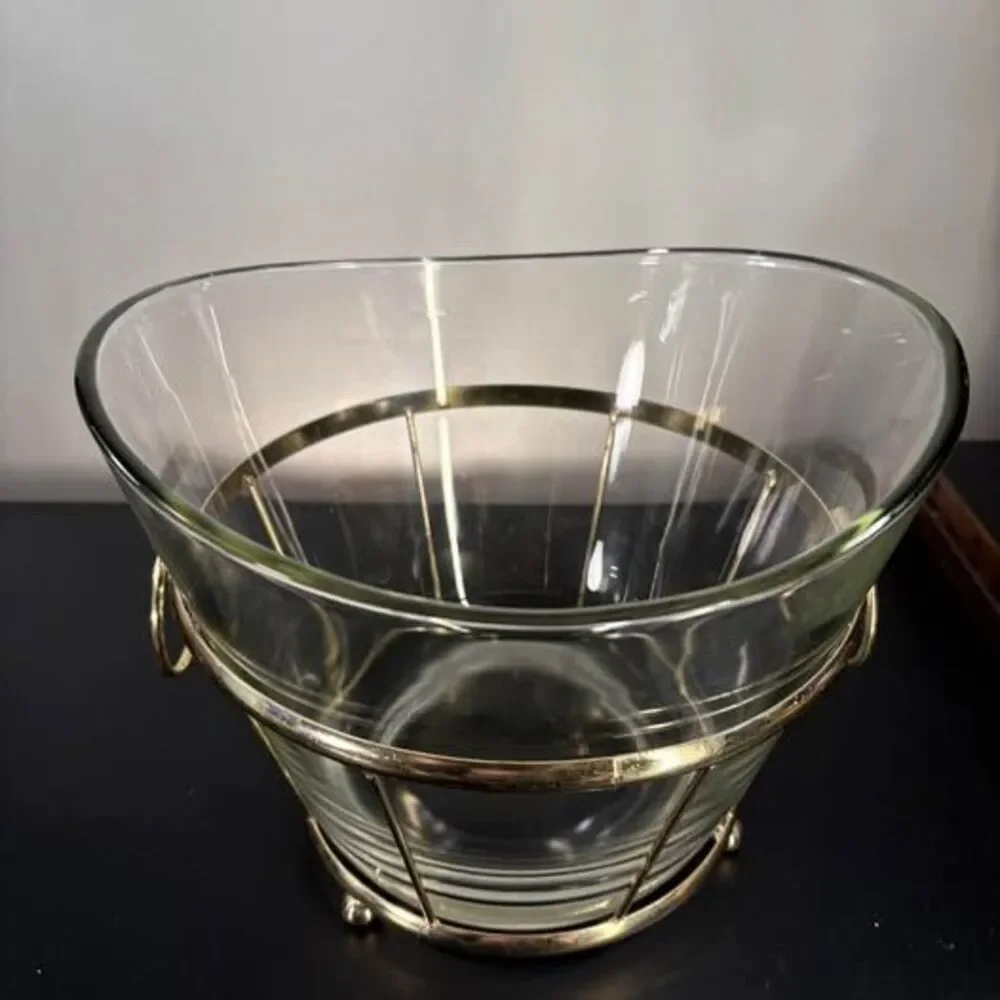 Mid-Century Glass Ice Bucket with Brass Wire Caddy and Ring Handles